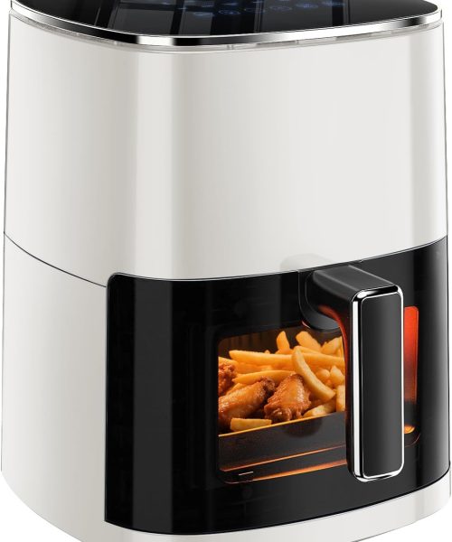 Simple Deluxe 12-in-1 Air Fryer 6.34 Qt, Digital Preset Airfryer with Visible Window, Nonstick and Dishwasher-Safe Basket, Air Fry, Roast, Bake, Dehydrate, Fries, 1700W, Beige
